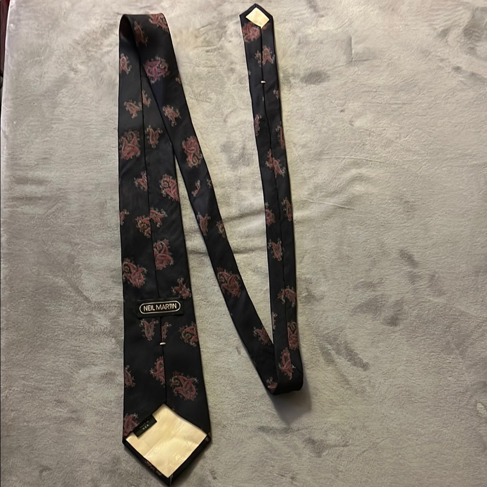 Vintage 100% silk Neil Martin Black Tie with Red Floral Design